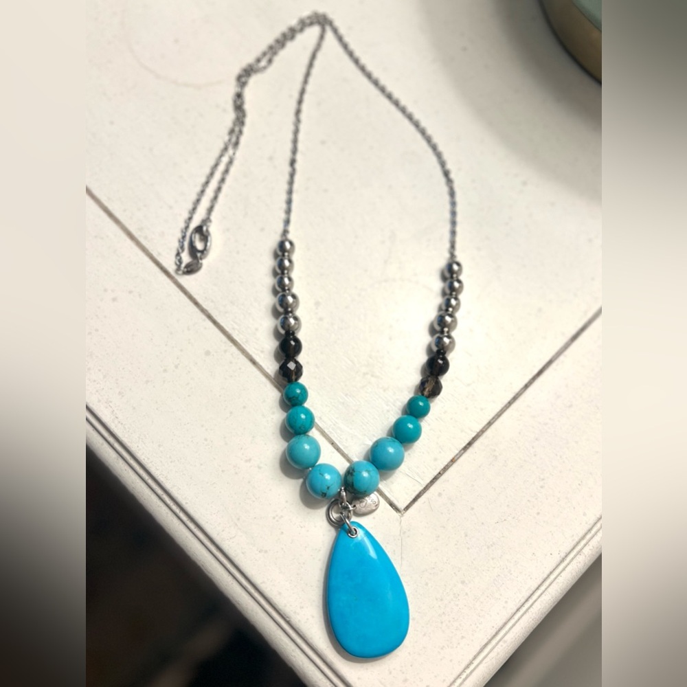 Fossil Turquoise and Silver Beaded Necklace
